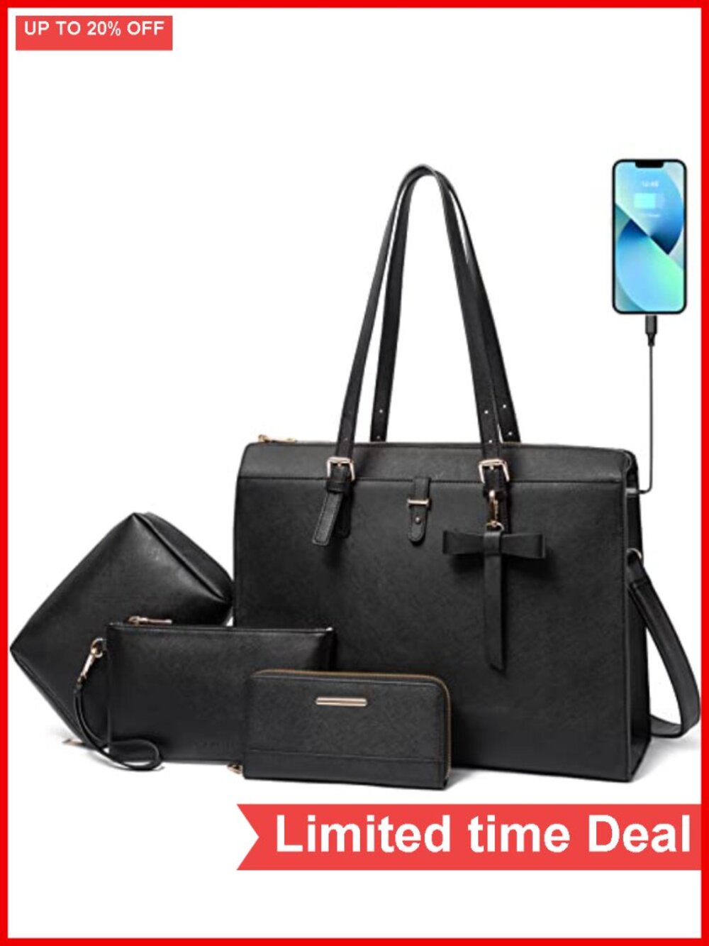 Large PU Leather Laptop Tote Bag with USB Charging Port Satchel Work Bag